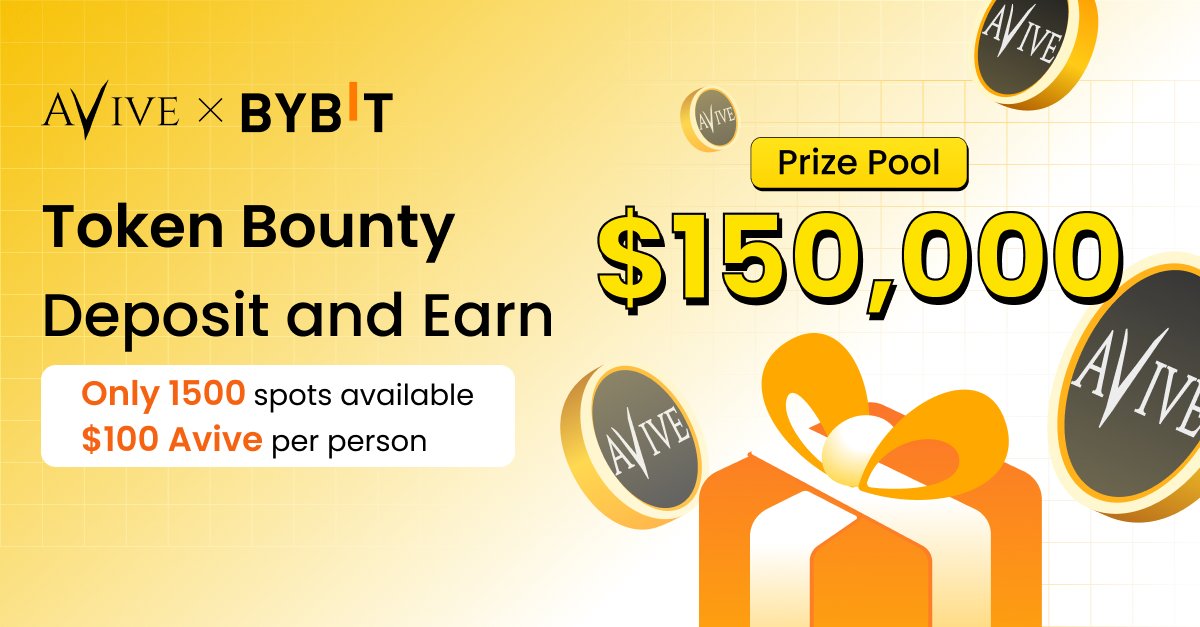 📢Avive x Bybit Token Bounty 🏆 Prize pool: $150,000 💰 Reward per person: $100 Avive 🎟️ Slots available: 1,500 Don't miss out on this amazing opportunity! Here's what you need to do: 1️⃣ Join Bybit using the exclusive Avive link: 🔗 avive.world/avive_bybit 2️⃣ Deposit a…