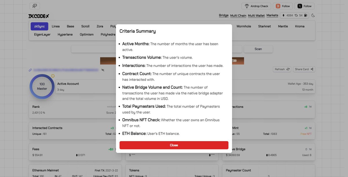 ✨zkCodex Wallet Scoring System Is Now LIVE! We're excited to announce the addition of a wallet scoring system to zkCodex for many popular networks, including zkSync, Linea, Base, Scroll, Polygon zkEVM, Mode, Blast, and Optimism. The scoring system takes into account various…