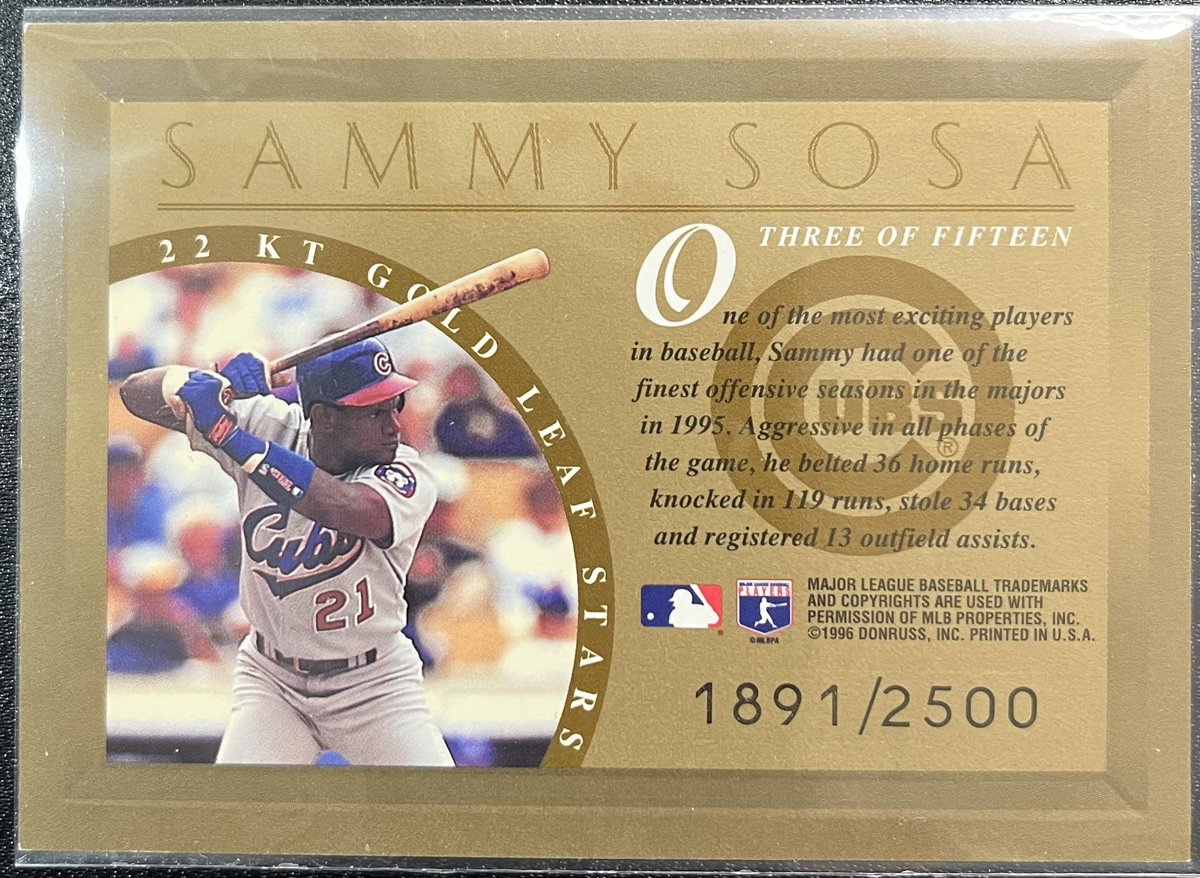 #1日1枚マイコレ #Sammy・Sosa
【俺のソーサを見てくれ！】
1996 Leaf 「22Karat」Gold Leaf Stars
1891 / 2500