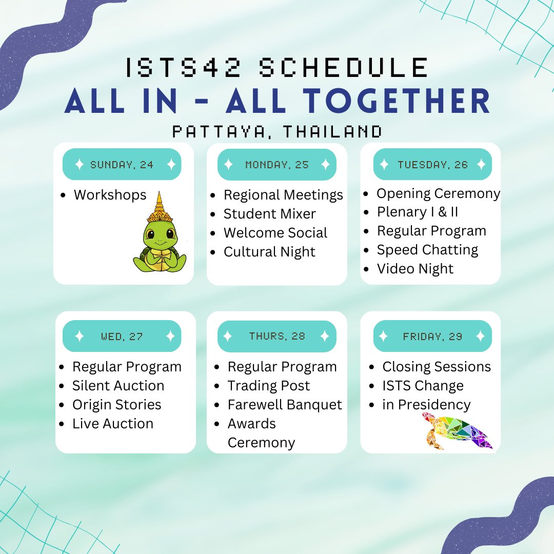 We are days away from being All in - All together! 🌍🇹🇭
Get ready to dive into enlightening sessions, engaging workshops, and exciting events. Here's a snippet of all that is planned!!🤩👀

For a detailed schedule visit: ists42thailand.org/program/schedu…"
Sea you all soon!! 🌊🇹🇭