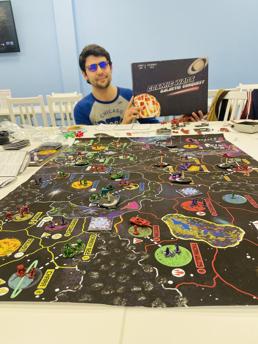 PucaPucaGames's tweet photo. Our staff member Ben brought down a board game he has been working on ‘Cosmic Wars: Galatic Conquest’ for some play testing today during our board game evening! 

Great fun was had vying to gain control of the solar system in the chaos of space! 🚀 https://t.co/4JxKTP7gvu