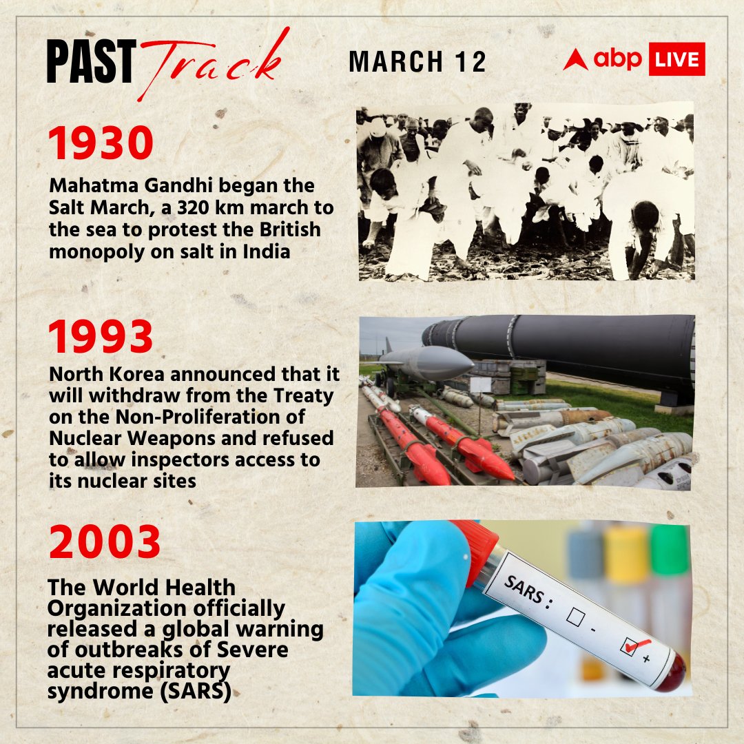 abplive's tweet photo. #PastTrack | Did you know that Mahatma Gandhi began the Salt March to protest the British monopoly on salt in India on this day in 1930?
Check out other important events that took place on March 12.
#ABPLive #DandiMarch #NorthKorea #WHO #SARS https://t.co/aLEoUsqsDQ