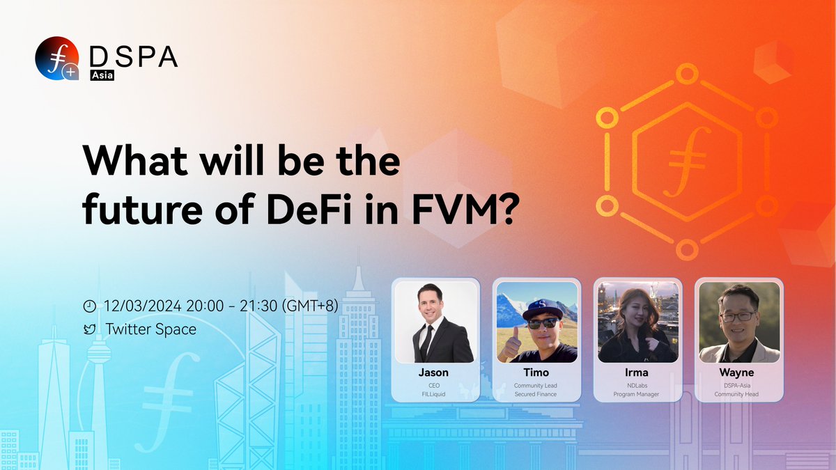 DSPA_Asia's tweet photo. 🚀 Excited to announce our amazing speakers for tonight's #TwitterSpace! 🌟

🔹 Jason (CEO) from @FILLiquid 
🔹 Timo (Community Lead) from @Secured_Fi 
🔹 Irma from @imNDLABS 

Join us for an insightful discussion on decentralized storage and #Defi #FVM. Don't miss out! #Filecoin https://t.co/FsE0U8k6n8