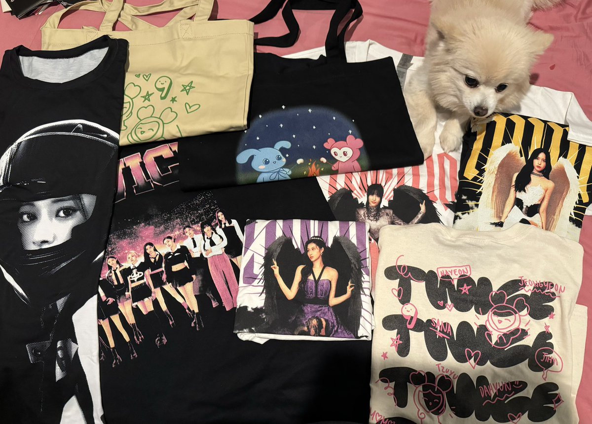 here’s what the @twicefiles merch we’re giving away looks like. we’ve got a couple of most shirts in multiple sizes and a few of each of the totes 😎