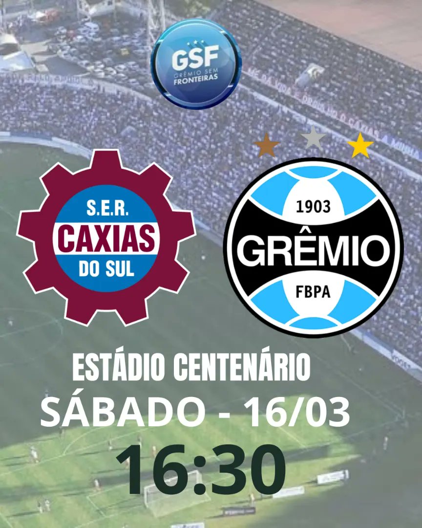 gremiosfr's tweet photo. A Federação Gaúcha de Futebol confirmou ao final da tarde desta segunda-feira, a data do jogo de ida das semifinais do Gauchão 2024, entre #SERCaxias x #Grêmio. 
O jogo irá ocorrer no sábado 16/03, às 16h30m, no estádio Centenário em Caxias do Sul.

#futebol #Gauchão2024 #Imortal https://t.co/WjzGhIBNa1