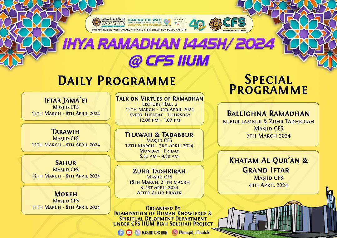 OfficialCFSIIUM's tweet image. Welcoming the holy month of Ramadhan with a series of diverse programmes and enganging activities. Let's maximise our deeds and enrich our spiritual journey during this blessed month.

#ramadhan #ramadanmubarak #fastingmonth #muslim #cfsiium #iium