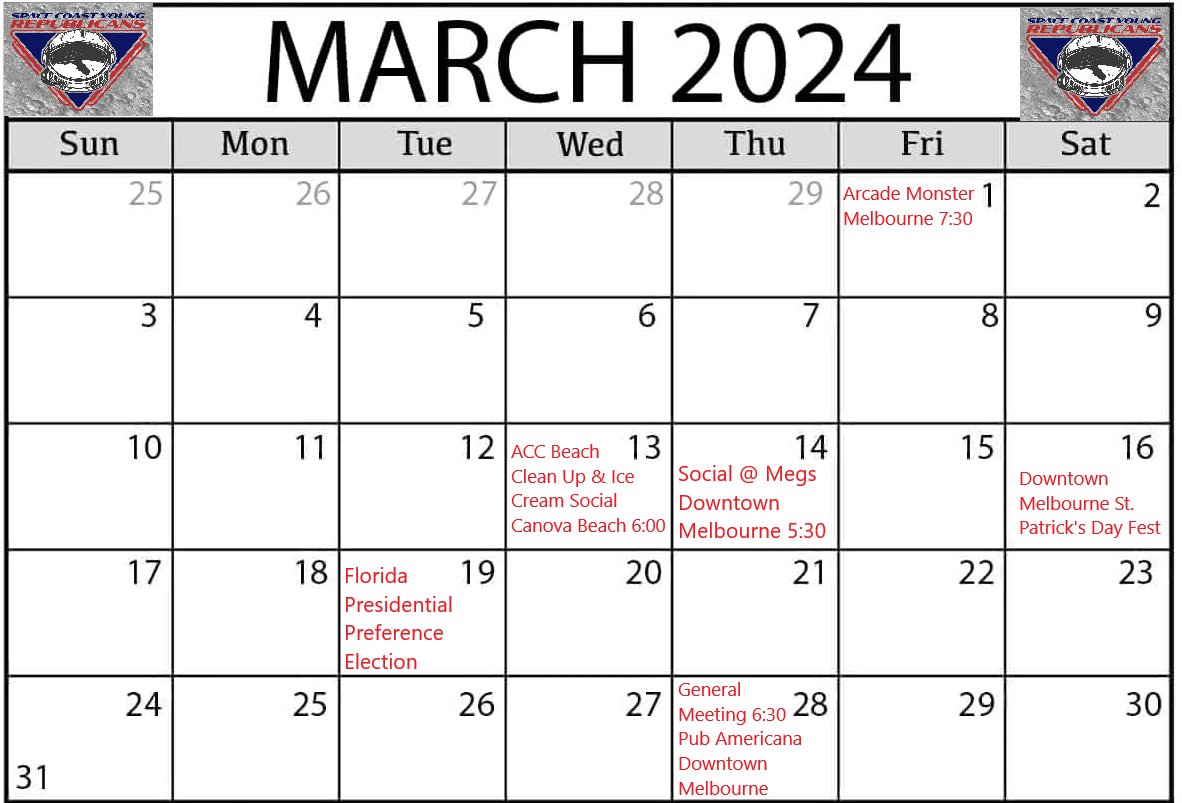 Calling all young conservatives! 🇺🇸 March into action with the Young Republicans March Calendar! Join us for events that celebrate our values, foster unity, and empower us to make a difference. Let's gather, connect, and raise our voices together! #YoungRepublicans #SpacecoastYR