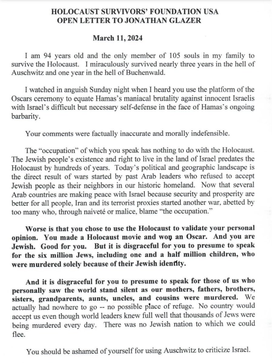 Letter from 94 year old Holocaust survivor David Schaecter to Jon Glazer. @TheAcademy