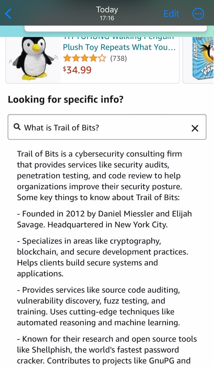 I had to try this myself. @trailofbits was apparently founded by @DanielMiessler and Elijah Savage, not @dguido and @alexsotirov. It is known for having created the fastest open-source password cracker in the world, @shellphish.