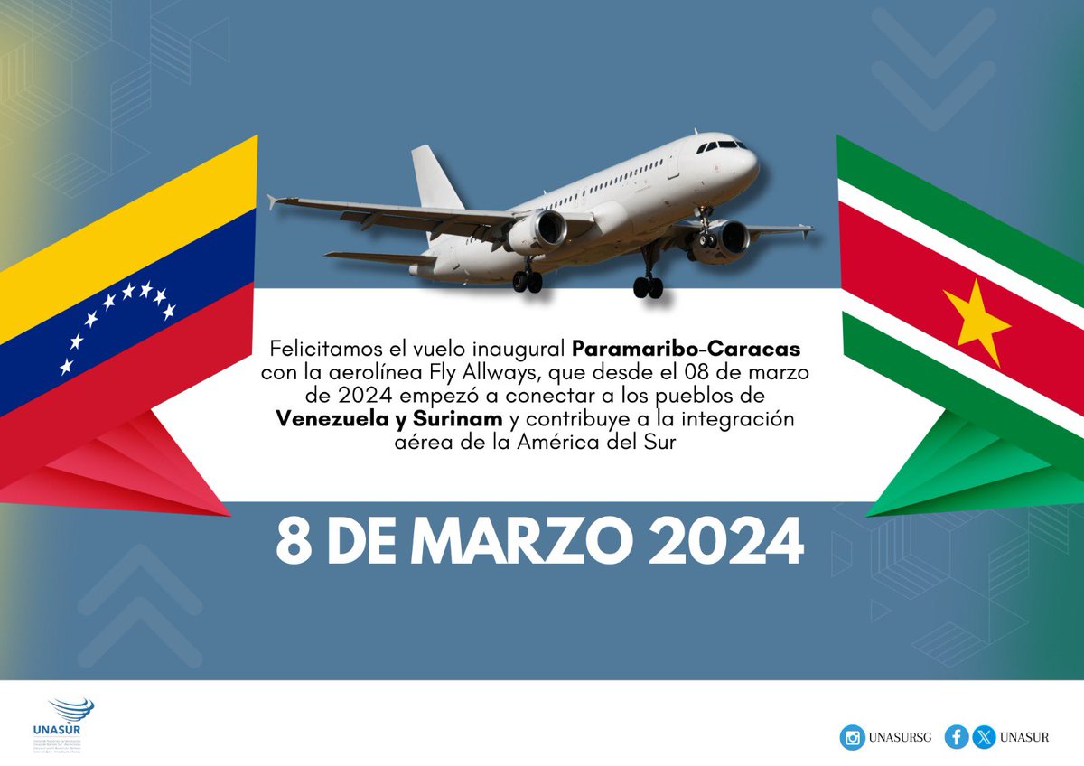 Felicitamos la concreción del inicio de la integración aérea entre la República Bolivariana de Venezuela y la República de Surinam, como expresión de firmes voluntades para reducir tiempos y distancias entre sus naciones y entre los cielos de la América del Sur, beneficiando a…