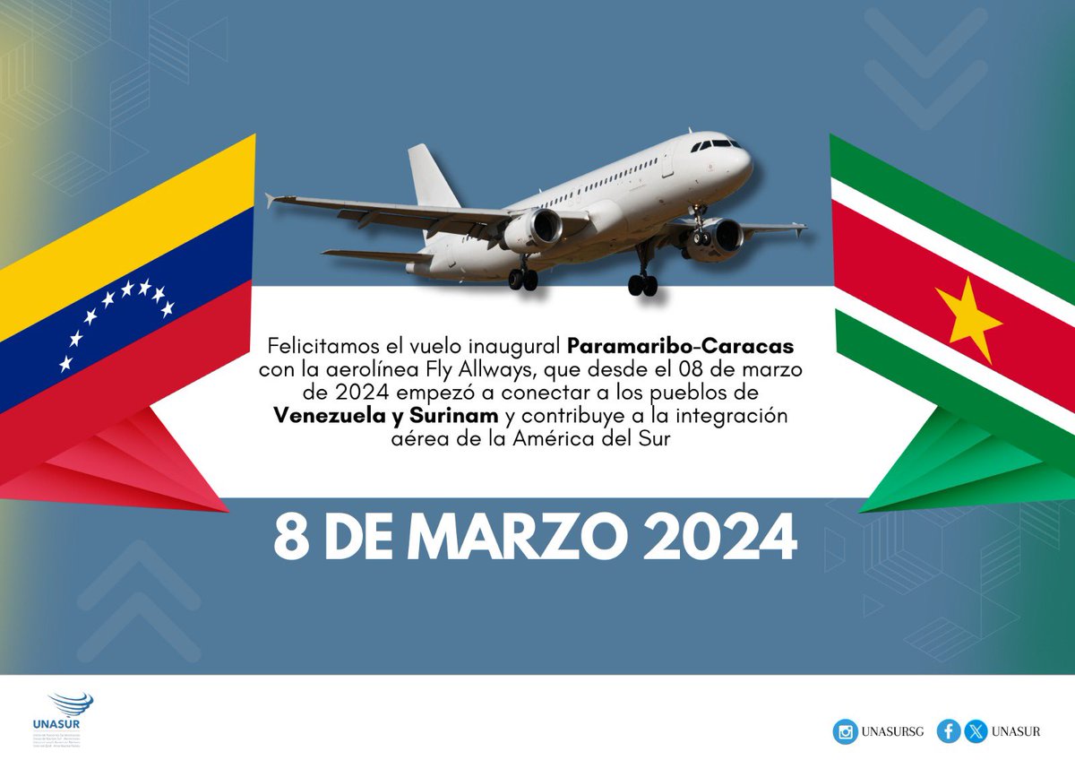 unasur's tweet photo. Felicitamos la concreción del inicio de la integración aérea entre la República  Bolivariana de Venezuela y la República de Surinam, como expresión de firmes voluntades para reducir tiempos y distancias entre sus naciones y entre los cielos de la América del Sur, beneficiando a sus ciudadanos. UNASUR, a través de su Consejo de Ministras y Ministros de Infraestructura y Planeamiento (COSIPLAN), sentaron las bases para diagnosticar las fortalezas y superar las debilidades de la integración aérea regional