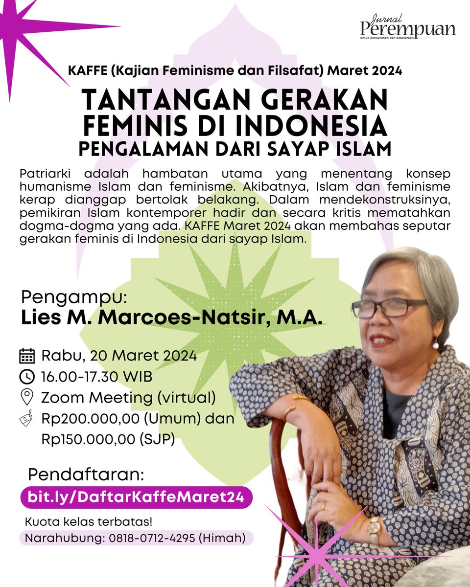 jurnalperempuan's tweet photo. (1)

REGISTRASI KAFFE MARET 2024

Kelas KAFFE Maret 2024 akan diampu oleh Lies M. Marcoes-Natsir, M.A., seorang aktivis perempuan dan salah satu pencetus gerakan Kongres Ulama Perempuan Indonesia (KUPI). Direktur Eksekutif Rumah Kita Bersama (Rumah KitaB) 2013–2023.

#kaffe https://t.co/RakSYdu54b