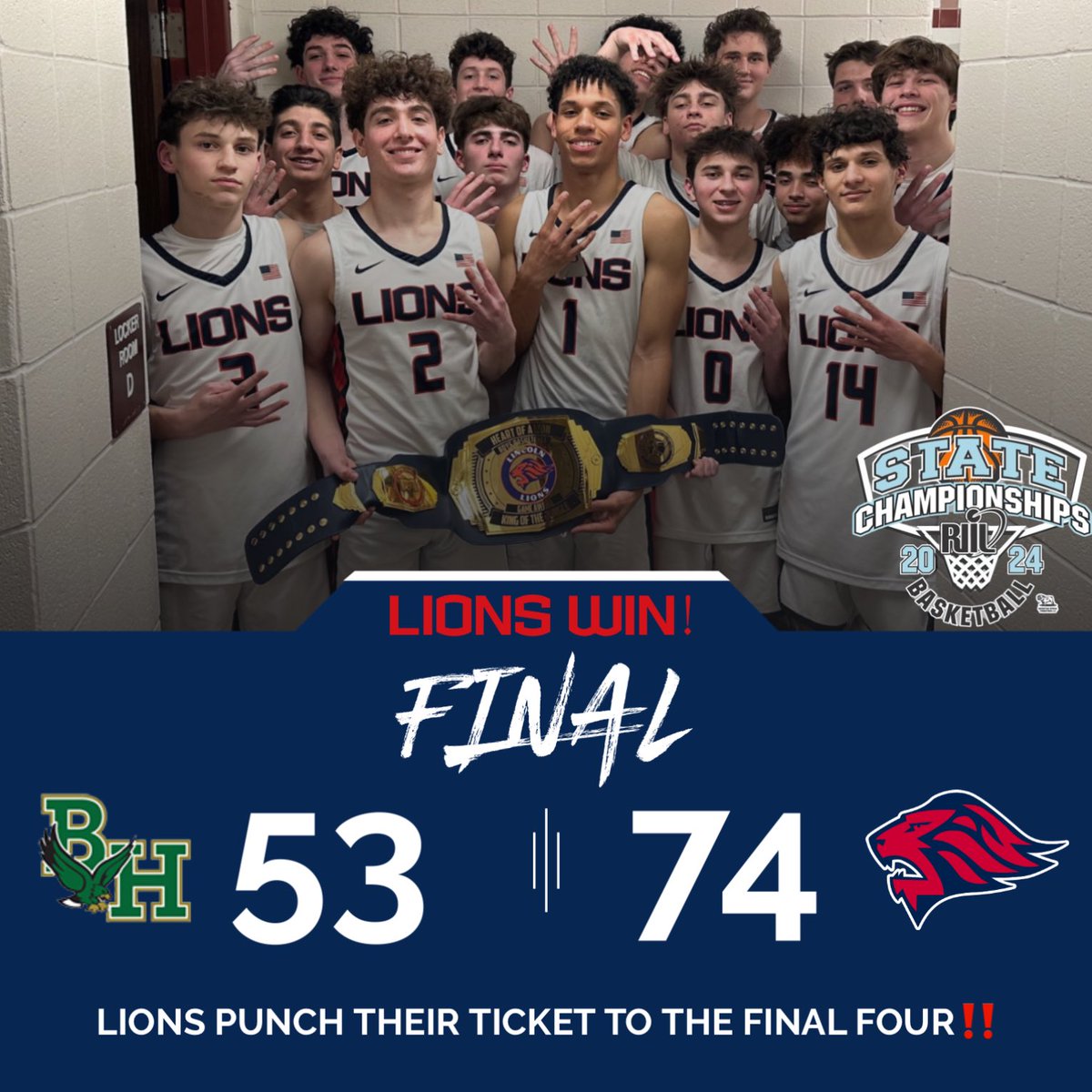 Final: Lincoln 74, Hendricken 53‼️

Lions punch their ticket to the Final Four of the RIIL State Open with a win over the Hawks! 

@LHSRI_Athletics | @RibcaBasketball