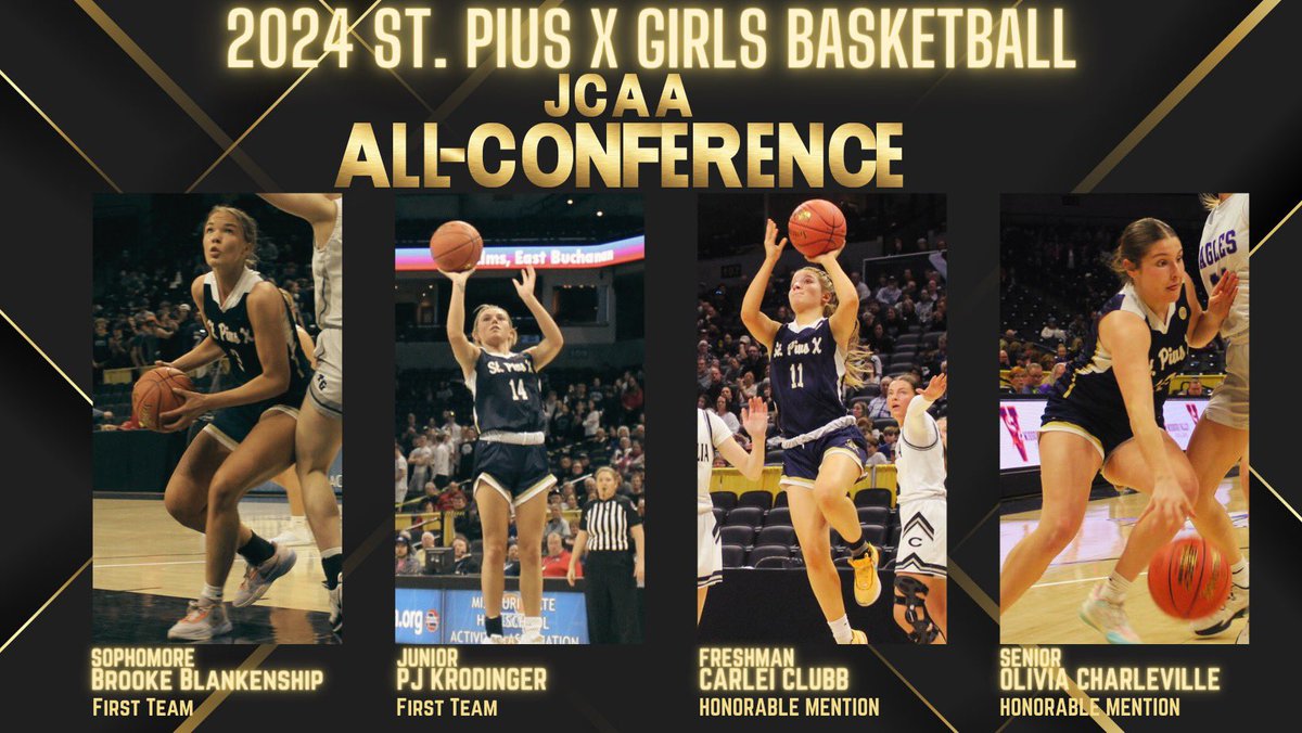 StPXGirlsBball's tweet photo. Congrats to Brooke Blankenship, PJ Krodinger, Carlei Clubb &amp; Olivia Charleville for their All-Conference selections for the JCAA Small Schools division. Lancer Nation is proud!!

@stplancersports #LANCERUP 
@paytenkro @Brookeblank26 https://t.co/mJVLBUKoLs