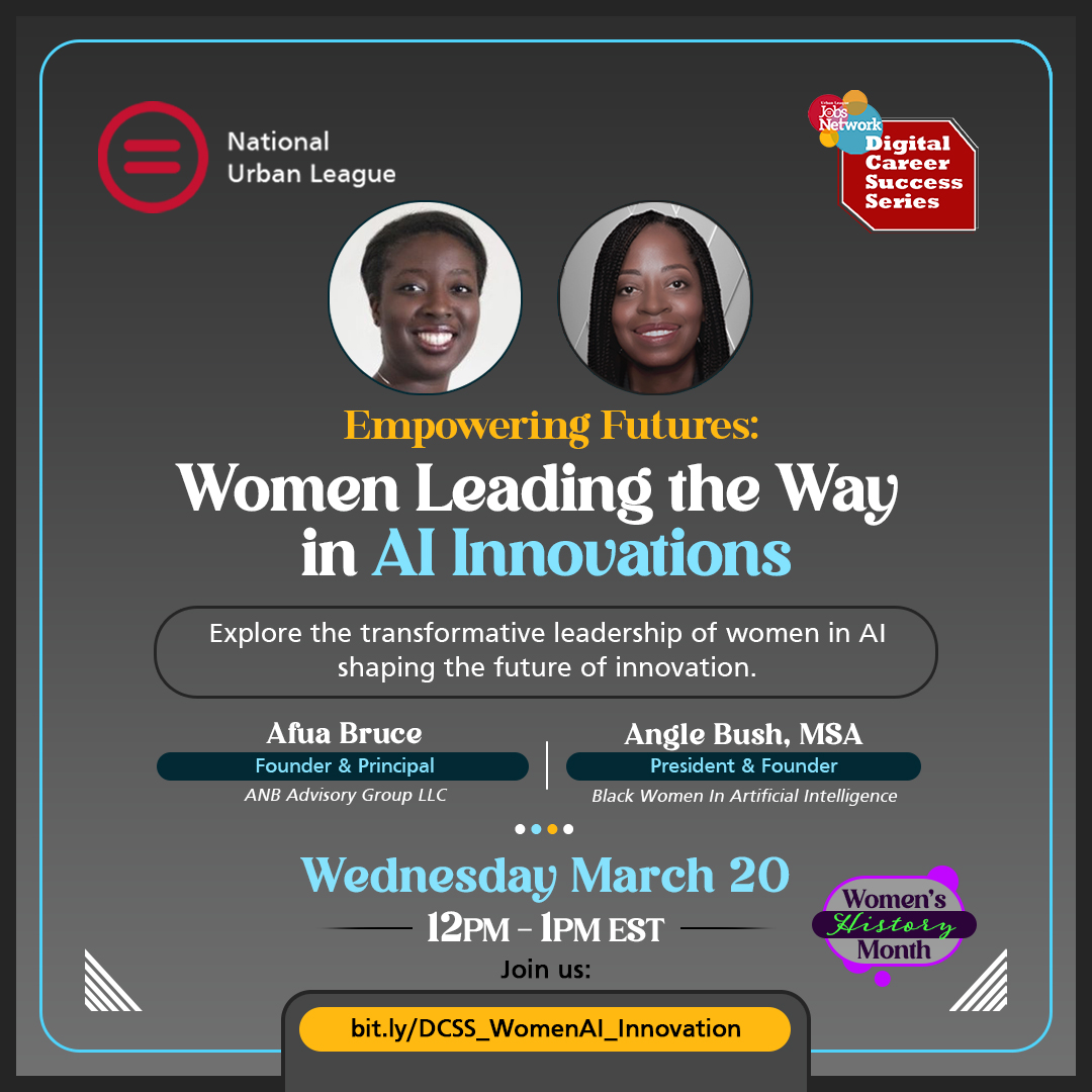 Black Women in A.I. (@blackwomeninai) on Twitter photo How are Women leading the way in A.I. ? Join the conversation on the National Urban League's Digital Career Success Series podcast Wednesday, March 20, 2024 12p.m. EST with Afua Bruce and Kenneth L. Johnson <a href="/NatUrbanLeague/">National Urban League</a> <a href="/RickeySmiley/">Rickey Smiley</a> #BWIAI <a href="/afua_bruce/">Afua Bruce</a> How are Women leading the way in A.I. ? Join the conversation on the National Urban League's Digital Career Success Series podcast Wednesday, March 20, 2024 12p.m. EST with Afua Bruce and Kenneth L. Johnson <a href="/NatUrbanLeague/">National Urban League</a> <a href="/RickeySmiley/">Rickey Smiley</a> #BWIAI <a href="/afua_bruce/">Afua Bruce</a>