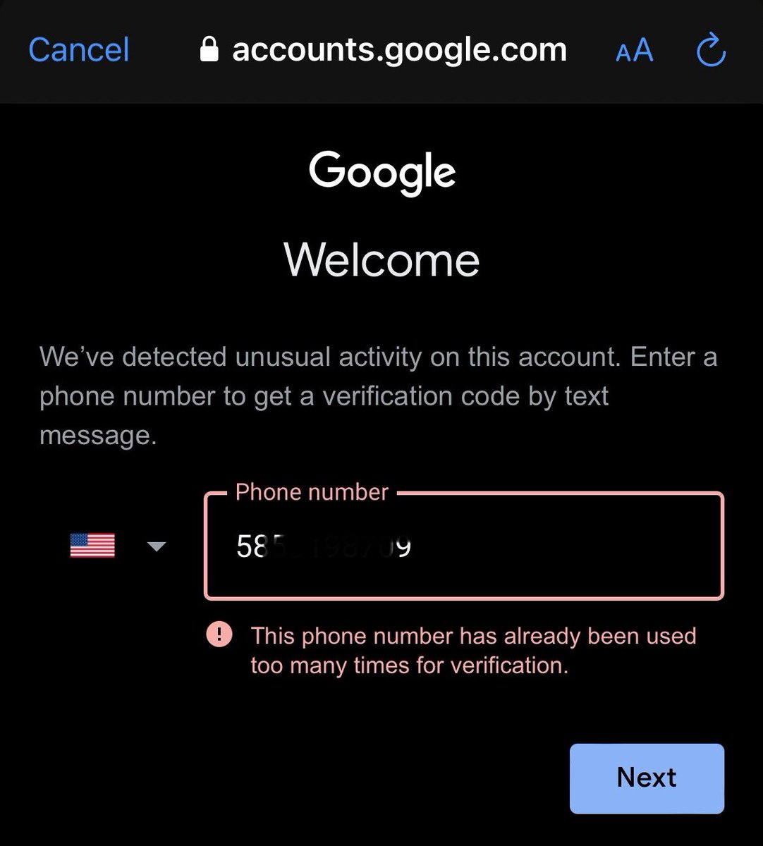TheMusicBrewer's tweet photo. Okay @Google, this is my only phone number and I have multiple Gmail accounts. How am I supposed to access my account if you won’t $!&amp;@!$ text me?! https://t.co/lf9NGIEd8l