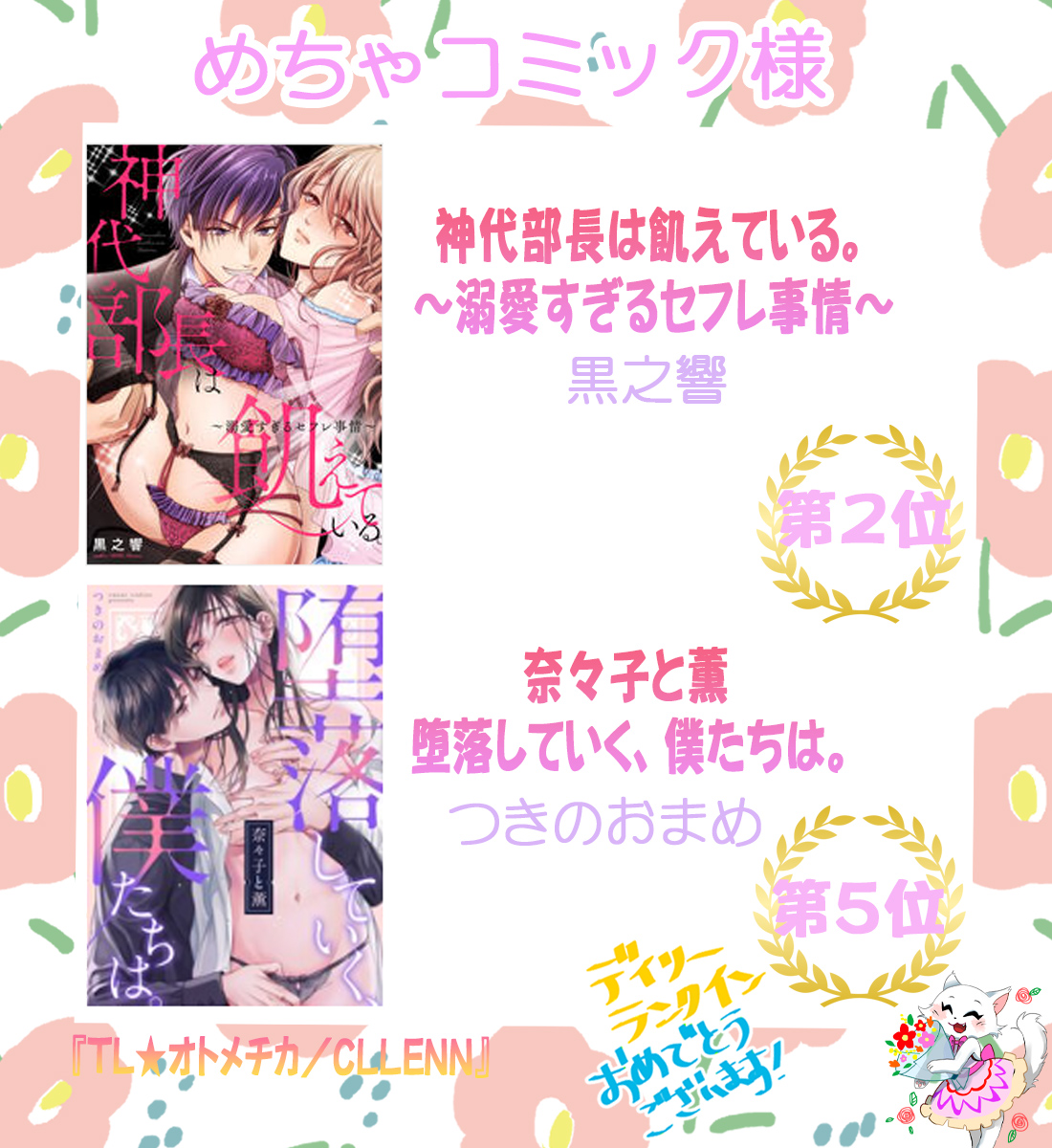 otometika_comic's tweet photo. 【ランキング情報】本日3月12日付の各書店様デイリーランキングにてTL★オトメチカ作品がランクイン😳‼️
皆様ご購読ありがとうございます💕
そして先生方おめでとうございます！🎉🎉 https://t.co/eOi7EVbM9g