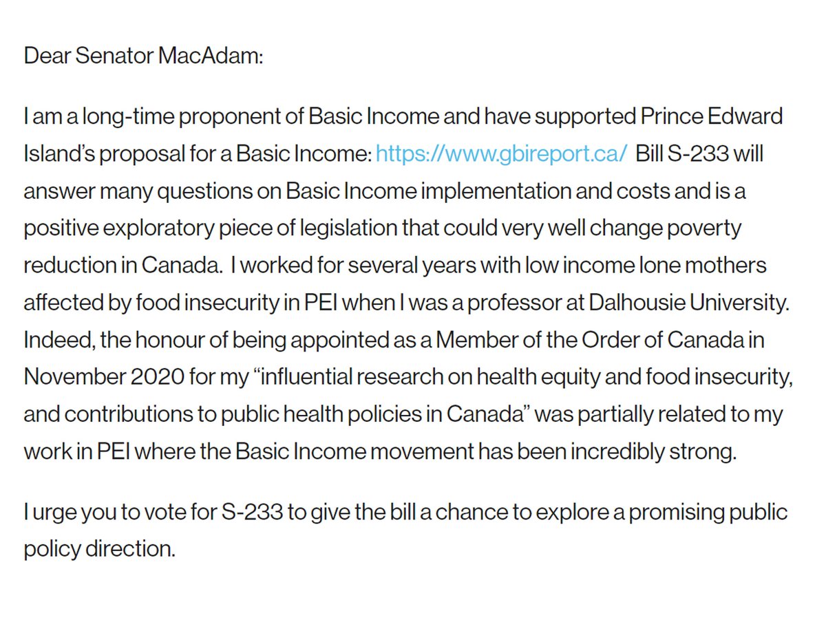 ubi_works's tweet image. Canadians are speaking up for Basic Income Bill #S233, which is 1 vote away from Third Reading.

This week, we mobilized thousands of advocates across Canada to write &amp;amp; call the Senate Committee on National Finance.

Here are a some of their personal letters to the senators: