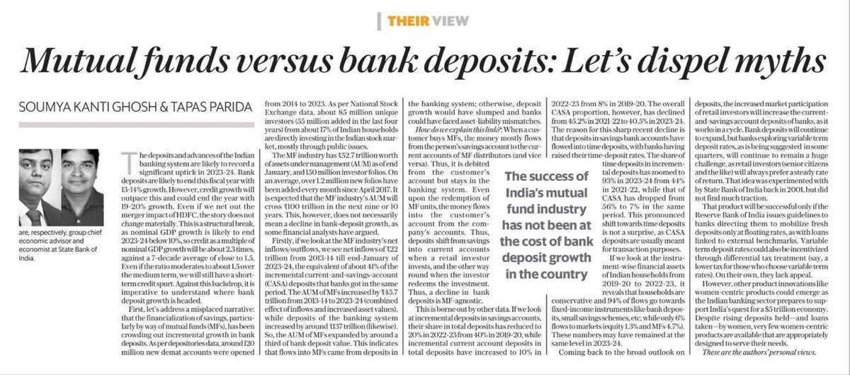 Very insightful article dispelling the myth that MFs compete with Bank Deposits.