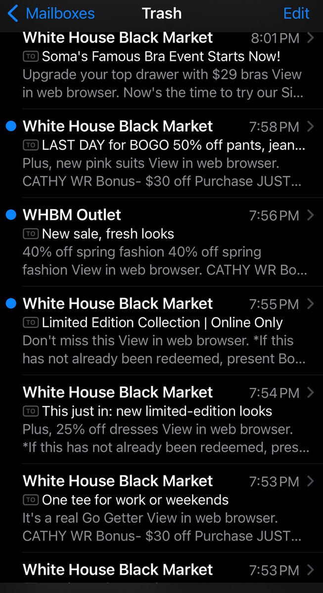 cbrisgone's tweet photo. ⁦⁦@whbm⁩ A bit excessive? 8 emails in 7 minutes. They wouldn’t all fit in a screenshot. https://t.co/Bl3THRoP1b