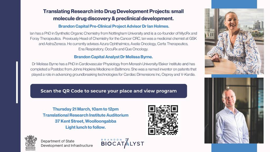 Translating research into drug development projects is the theme of a @GrowingQld and Brandon BioCatalyst seminar at TRI on March 21. Presenters will share expertise on small molecule drug discovery and considerations in preclinical development. bit.ly/49MhEPD