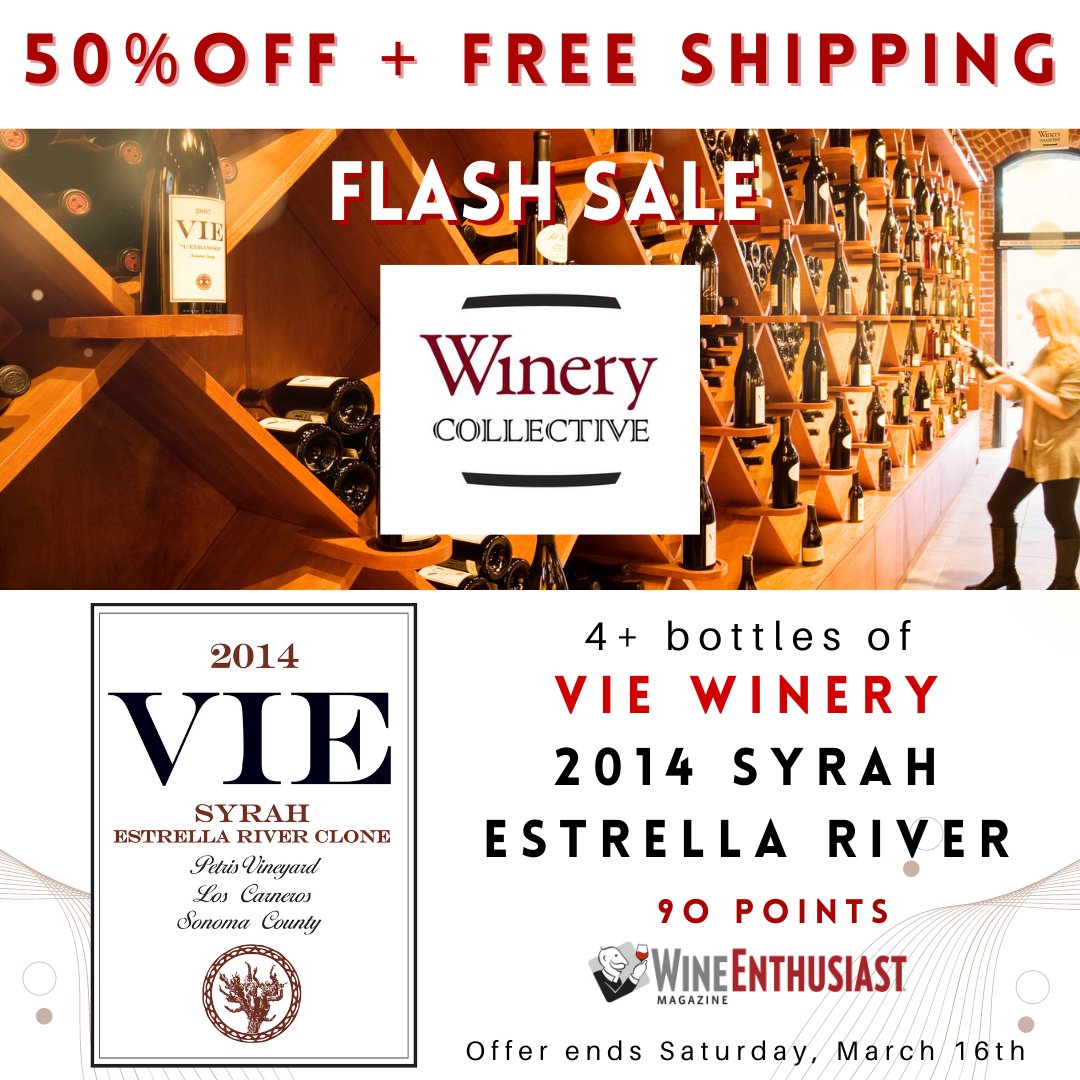FLASH SALE: 50% OFF + Free Ground Shipping on 90pt Syrah from VIE Winery
Purchase a 4 bottle pack of our 2014 VIE Estrella River Clone Syrah from the Petris Vineyard in the Los Carneros district of Sonoma County and save 50% and get FREE ground shipping. winerycollective.com/50-off-flash-s…