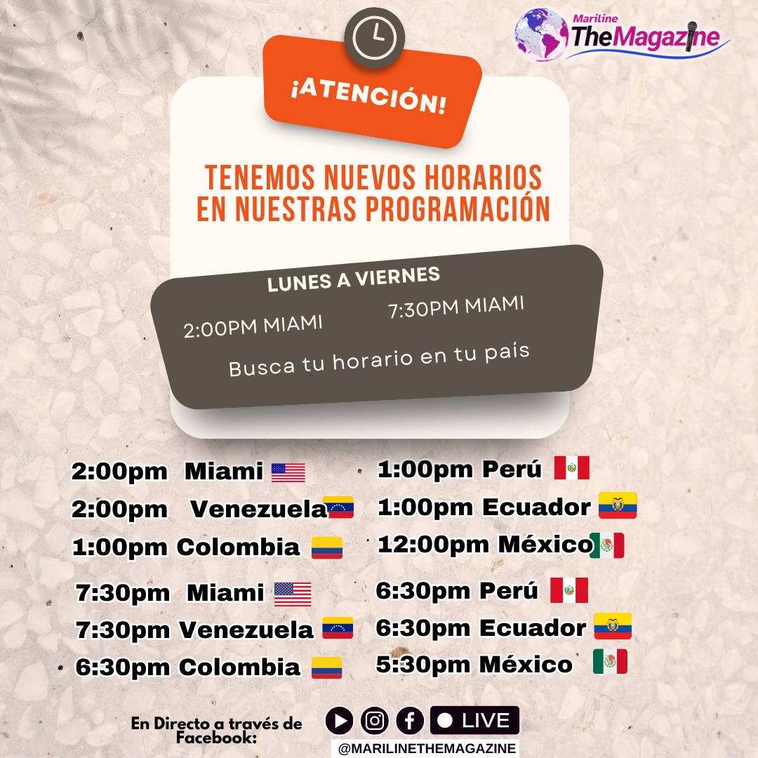 Marilinetv's tweet photo. 🚨Familia! Tenemos nuevos horarios en nuestra programación en Mariline The Magazine

Te invitamos a que busque el horario de tu país y estar conectados con nuestra programación, para todos ustedes 🕐

@chefmarilinevilla 

#entrevista #nuevoshorarios #hora #miami #lunes https://t.co/VZQvczgcuR