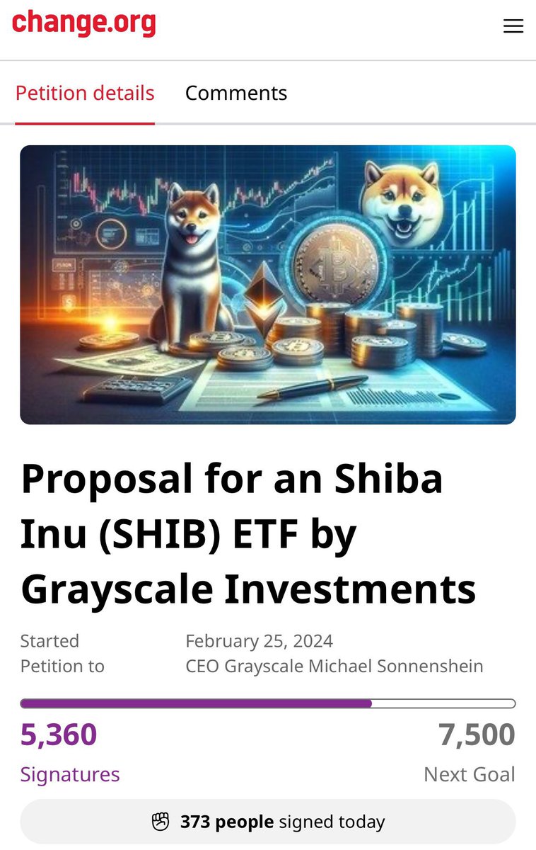 MemeCoinUpdate's tweet photo. UPDATE: Proposal for #SHIB ETF has now surpassed 5,000 signatures. https://t.co/byR3VXGnrD
