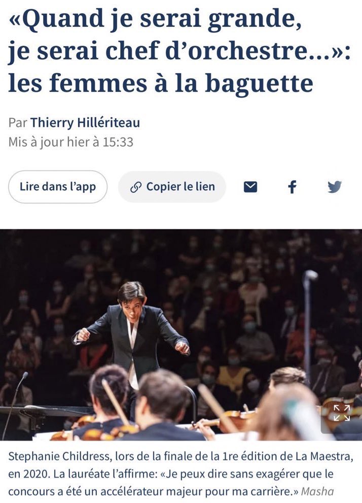 Un grand merci à @thilleriteau pour ce très beau papier dans @Le_Figaro ! ✨ Un honneur et une joie de pouvoir mettre en lumière les femmes cheffes d’orchestre à travers le concours La Maestra, initié par @clairegibault, le @PMOrchest et la @philharmonie