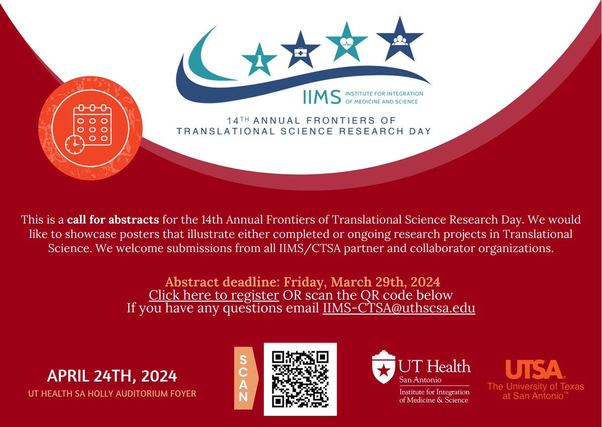 Time is running out to submit your research! ⌛️ The deadline to submit an abstract is THIS Friday, March 29th. #UTHealthSA #UTSA #TranslationalScienceReseach #CTSAProgram iims.uthscsa.edu/research/resea…