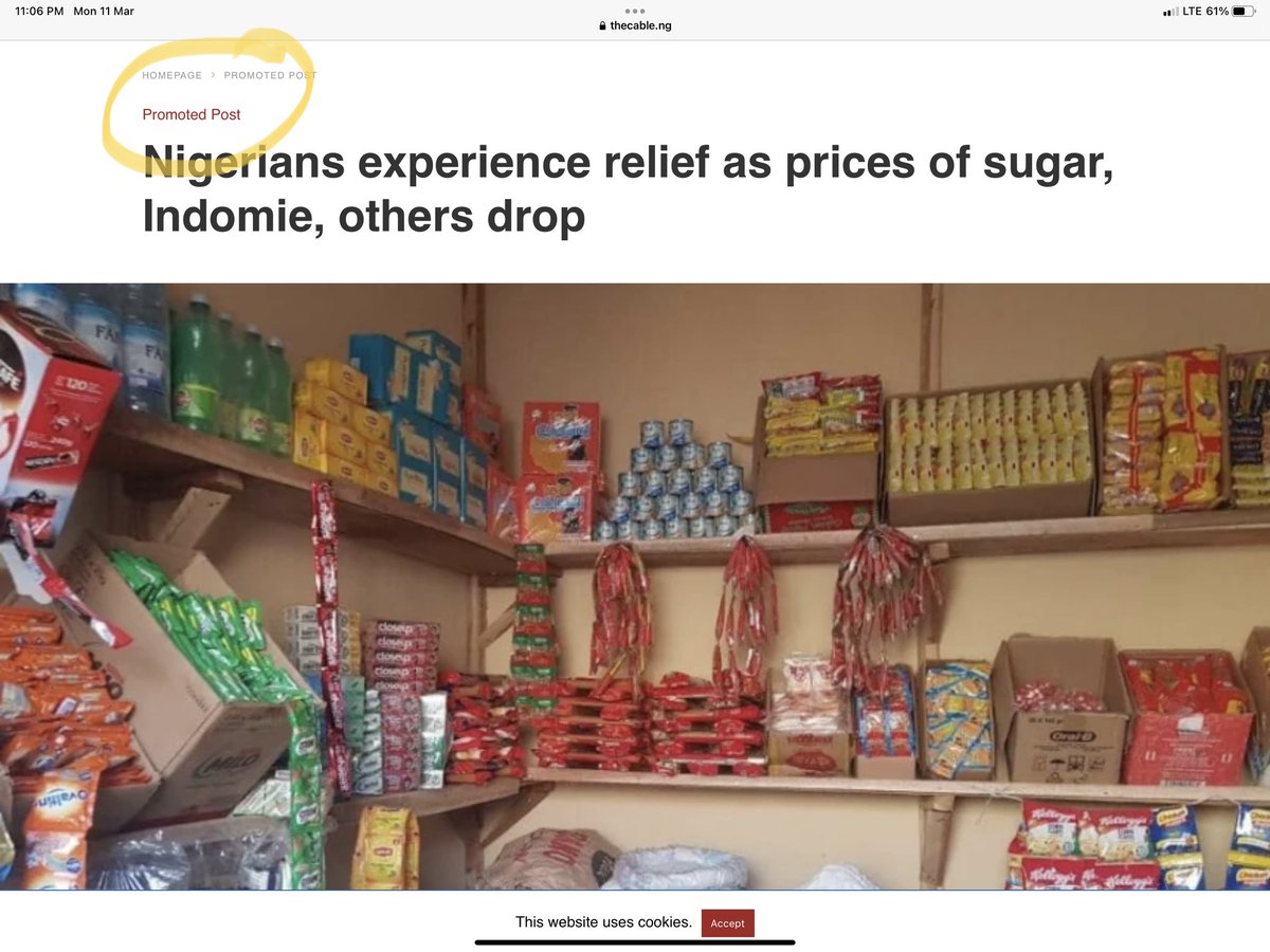 ishakaa's tweet photo. #PromotedPost

They got the propaganda gig & pushed It through their whatsapp group forgetting to change the pictures as released 🤣🤣🤣🤣

Frame 1
@PremiumTimesng tagged
Nigerians delighted as prices of “sugar, indomie, others” drop nationwide 

Frame 2 
@thecableng tagged
Press Release, Nigerians experience relief as prices of sugar, indomie, others drop

Where did the press release with the same pictures across media platforms originate from?

It was obviously a “promoted post”