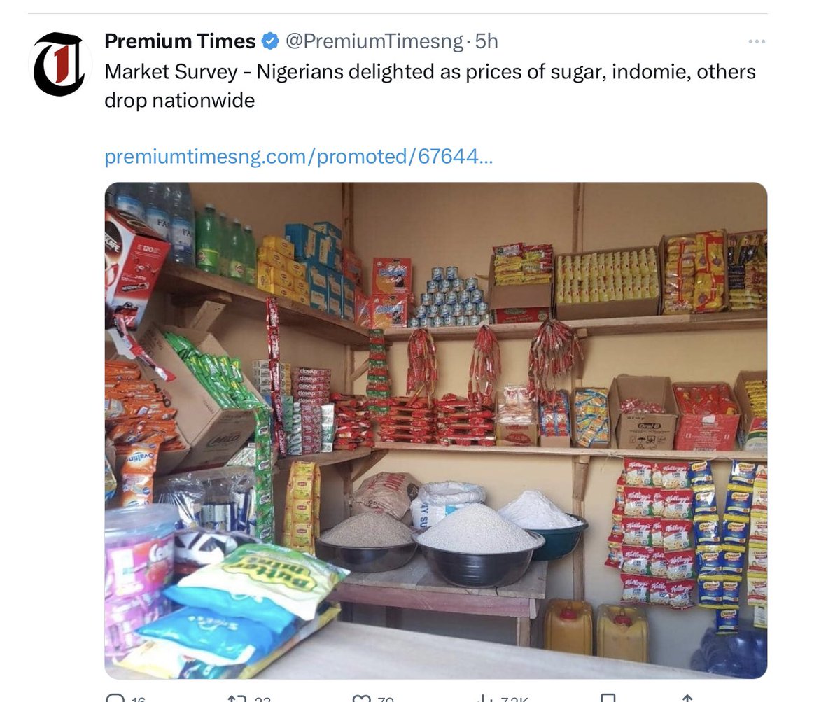 ishakaa's tweet photo. #PromotedPost

They got the propaganda gig & pushed It through their whatsapp group forgetting to change the pictures as released 🤣🤣🤣🤣

Frame 1
@PremiumTimesng tagged
Nigerians delighted as prices of “sugar, indomie, others” drop nationwide 

Frame 2 
@thecableng tagged
Press Release, Nigerians experience relief as prices of sugar, indomie, others drop

Where did the press release with the same pictures across media platforms originate from?

It was obviously a “promoted post”