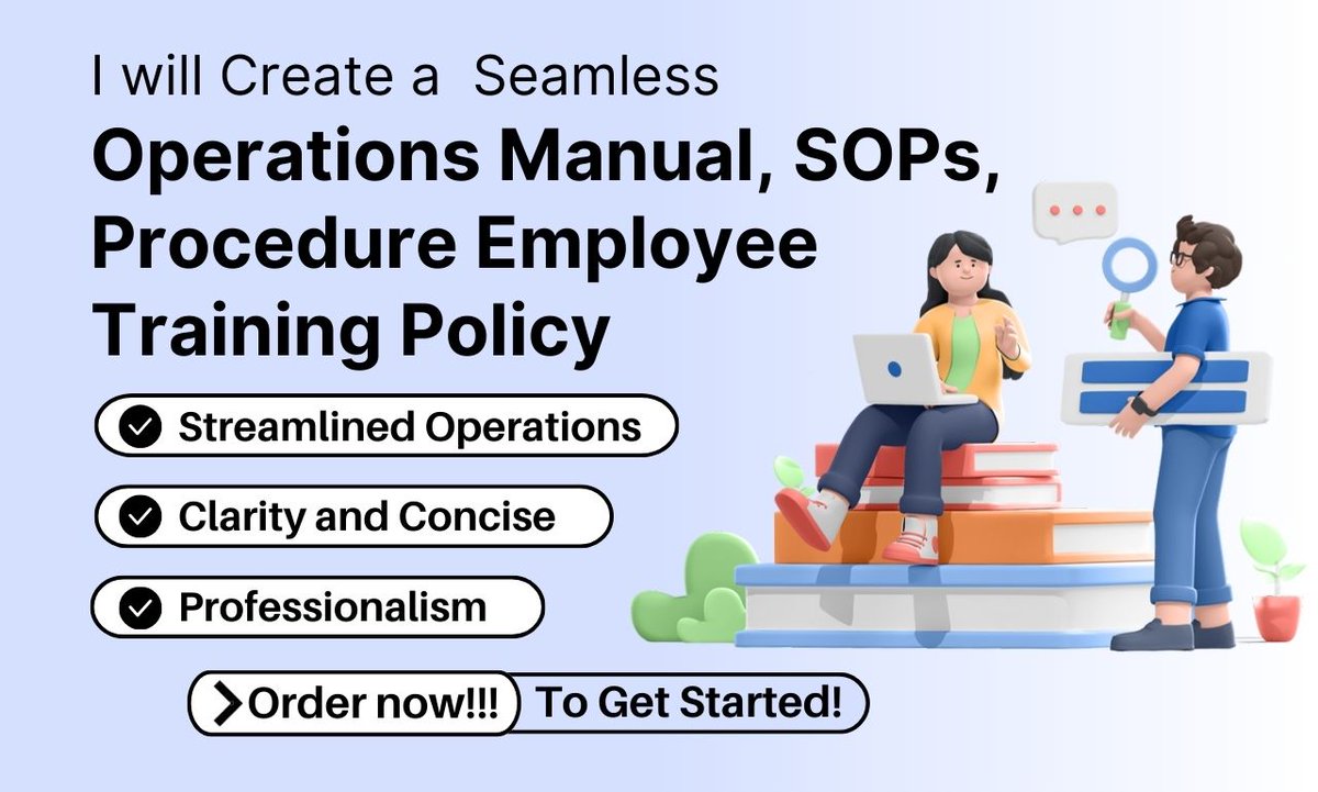 GbollyOla's tweet image. Transform chaos into clarity with seamless operations manuals, SOPs, and employee training policies tailored just for you. Elevate your business efficiency today! #OperationsManual #SOP #EmployeeTraining
fiverr.com/s/1D18QK