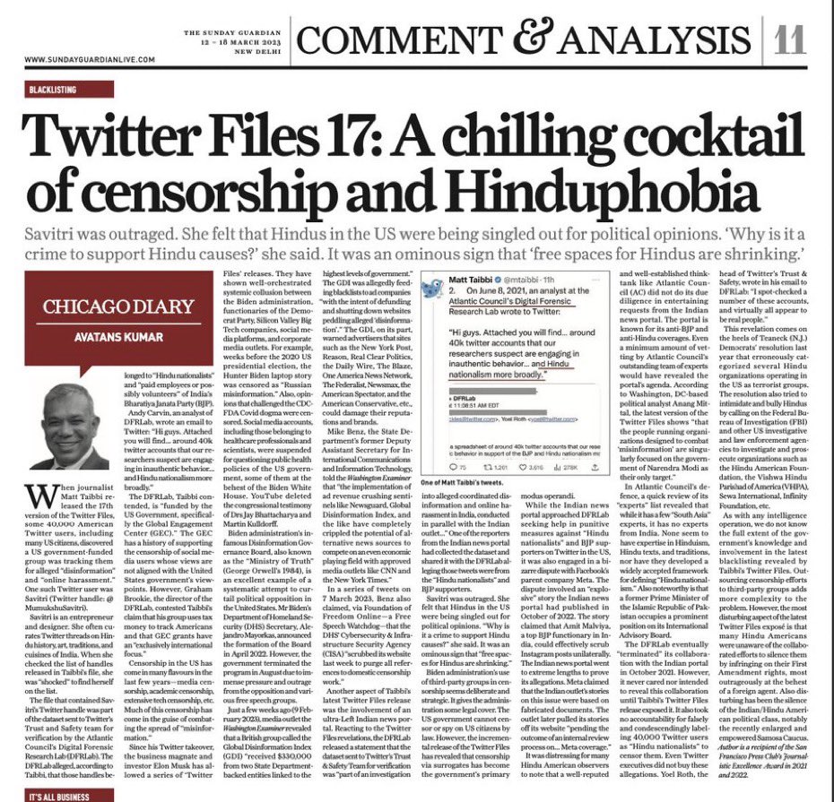 avatans's tweet photo. A year ago, we discovered through the TwitterFiles expose that The Wire, an Indian news portal, had collected a list of 40,000 Twitter (now X) users. The Wire forwarded this list to Twitter, asking them to deplatform these users for being "Hindu nationalist" and BJP supporters. 

Many of these 40,000 Twitter users were US Citizens.

I wrote about it last year in @SundayGuardian 

#repost #reshare

https://t.co/oeZ1ZThOjb