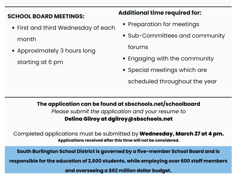 sbhs_vt's tweet photo. Do you care about schools in SB? Please consider serving as a member of our School Board. https://t.co/2ehMOIKT9r