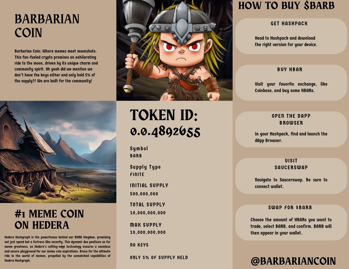 BarbarianCoin's tweet photo. Follow us on this journey! Only 5% of the supply is held by the creator! 

#HBAR #HEDERA #HASHGRAPH #HBARBARIANS #BARB #CRYPTO #HEDERAHEATWAVE #HBARTOTHEMOON #HTS https://t.co/8k0cI7USdr
