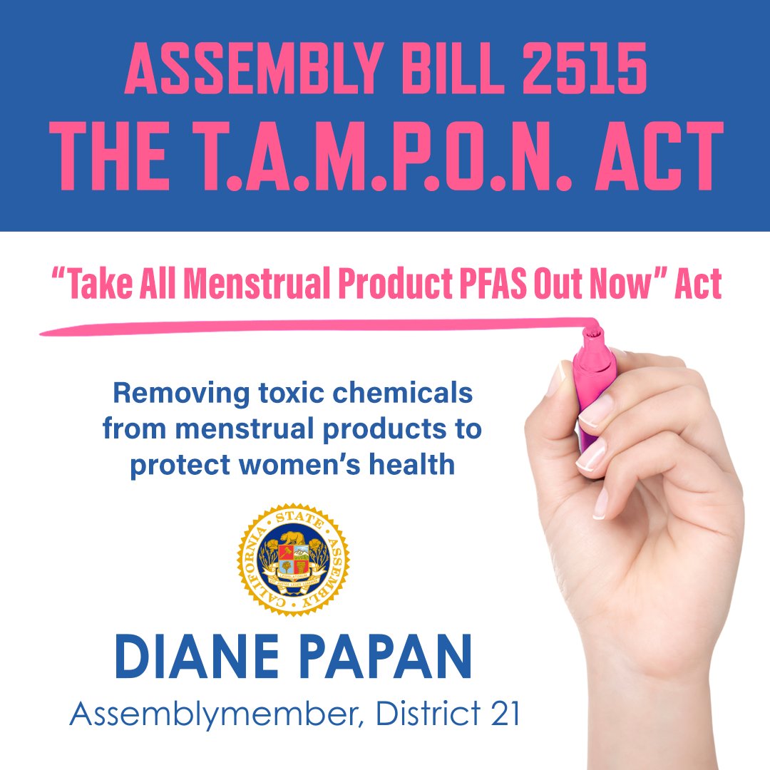 Today I introduced AB 2515 - the T.A.M.P.O.N Act - to ban the toxic chemicals PFAS in menstrual products to safeguard women's health | TY to my colleagues and partners @AsmPhilTing @Pilar4CA @NancySkinnerCA @Shannon_Hovis & Andria Ventura of @cleanh2oaction for standing with me.