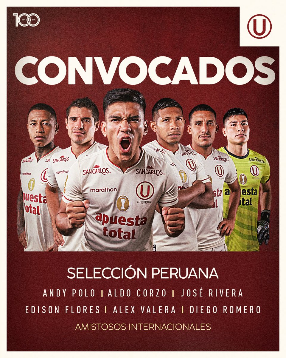 Universitario's tweet photo. 𝗚𝗔𝗥𝗥𝗔 𝗖𝗥𝗘𝗠𝗔 𝗘𝗡 𝗟𝗔 𝗕𝗜𝗖𝗢𝗟𝗢𝗥 🇵🇪

Felicitamos a nuestros futbolistas convocados a la @SeleccionPeru para los amistosos de la fecha FIFA.

¡A dejarlo todo, merengues! 💪 

#Los100DelÚnicoGrande https://t.co/LASuozeGHd