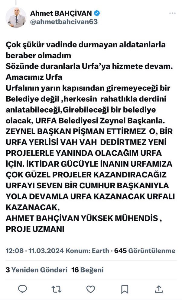 Türk, Arap, Kürt ve Yerli dedikçe bu şehiri ayrıştırıyorsunuz.

Ben Şanlıurfa’nın yerlisiyim. 1917’de Dedem, 1973’de dayım belediye başkanlığı yapmış ve şu anda Mehmet Kasım Gülpınar’ı destekliyorum.

Bu arada Kasım Gülpınar’ın Skm’sinde gönüllü olarak çalışan 12 tane yerli aile