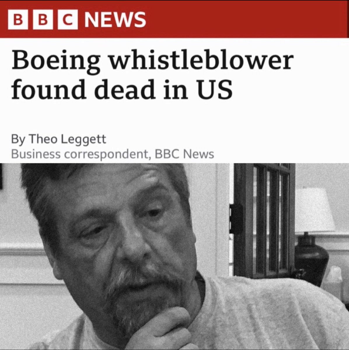 CensoredMen's tweet photo. 🚨🇺🇸#BREAKING: Boeing Whistleblower Found Dead Via "Self-Inflicted" Gunshot Wound

John Barnett, 62, had worked for the aircraft company for 32 years.

John had been giving key information in a whistleblower lawsuit against the company in which he raised concerns about the firm's production standards.

He alleged sub-standard parts were deliberately fitted on planes, and that 1 in 4 oxygen masks would not work in the case of an emergency.

In some cases, parts were literally taken out of scrap bins and fitted onto planes, in order to prevent delays on the production line, John claimed.

And now, in the middle of the lawsuit, he's found dead via a "self-inflicted" gunshot wound in his truck.

In a statement Boeing said: "We are saddened by Mr. Barnett's passing, and our thoughts are with his family and friends."

What do you think?

"Self-inflicted", or is there more to this?