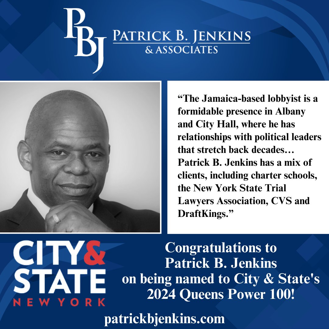 Congratulations to our President, Patrick B. Jenkins, on being named #14 on City and State's 2024 Queens Power 100 list.

#PBJA #PatrickBJenkinsAndAssociates #PatrickBJenkins #QueensPower100 #NYC #Queens #CityAndStateNY
