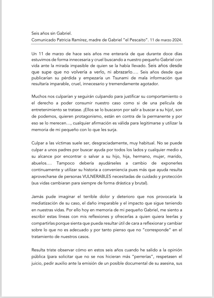 PatriRamirez_'s tweet image. Hoy hace seis años  desde que nos enteramos que Gabriel se marchó  a ser biólogo marino. 

Comparto este comunicado después de muchísimo tiempo en el ánimo de poder contribuir a cambiar las cosas.

Si estás de acuerdo y te late hacerlo comparte. 

Gracias 🌻🐟
#TodosSomosGabriel
