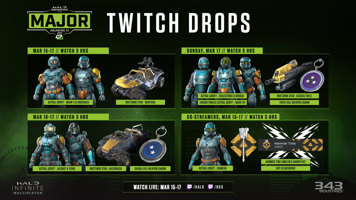 Halo Infinite Rockstar Weapon & Vehicle Coatings from the 2022 promotion is now a Twitch drop! Get them between Mar. 15th - 17th!