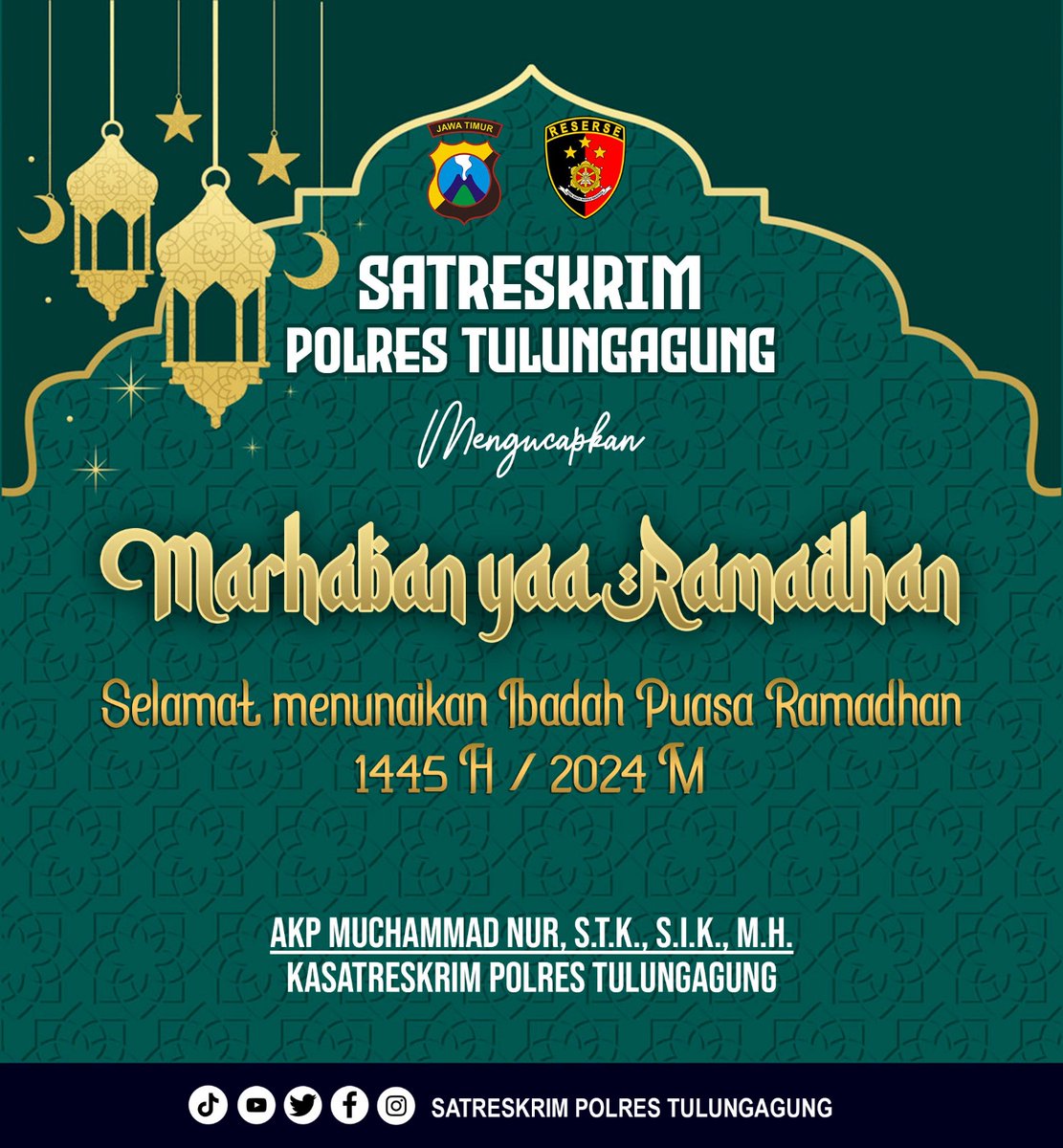 Sat Reskrim Polres Tulungagung beserta staf dan Jajaran mengucapkan “Marhaban Ya Ramadhan' Selamat Menunaikan Ibadah Puasa Ramadhan 1445 H / 2024. . #polrestulungagung #guyubrukun #ibadahpuasa #puasaramadhan #humaspolrestulungagung #kabtulungagung #satreskrimtulungagung