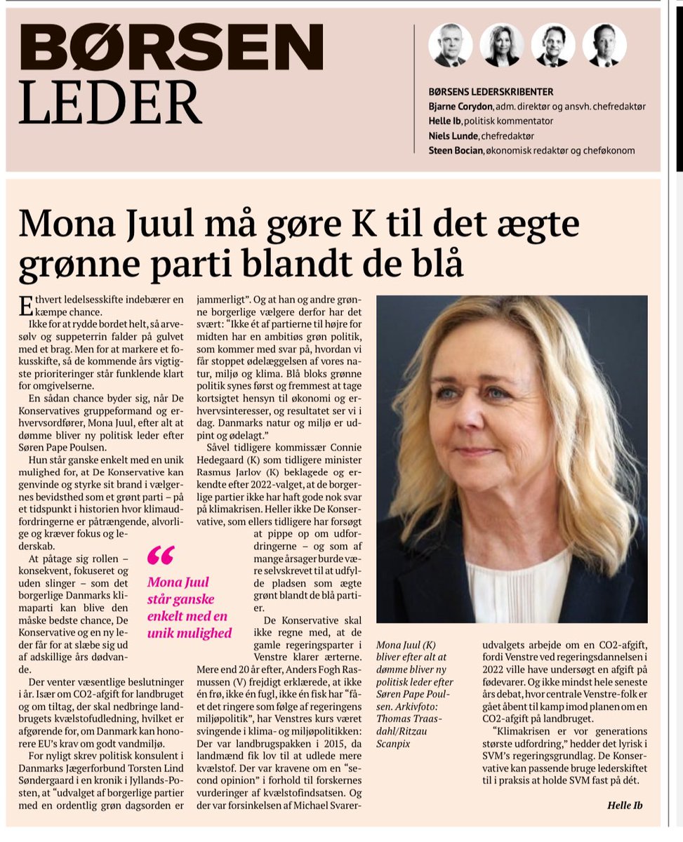 Man bliver sgu bare i genuint godt humør af at læse Børsens ledere for tiden. Den gamle erhvervsavis, som nu for alvor stempler ind i den grønne dagsorden og efterlyser grønt borgerligt lederskab 😊