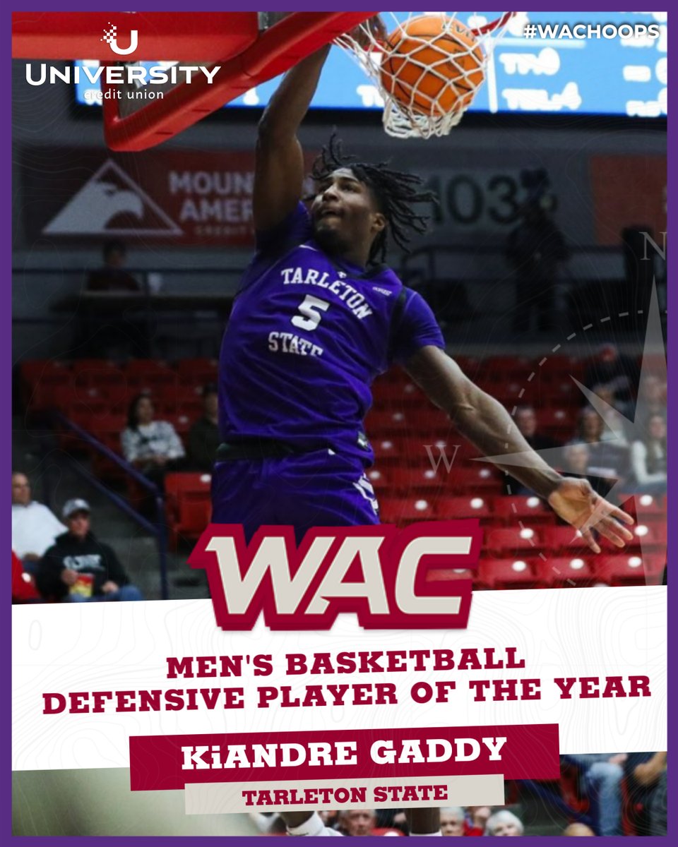 🏀🌟 2023-2024 MEN'S BASKETBALL DEFENSIVE PLAYER OF THE YEAR presented by @UCU_LA 🌟🏀 KiAndre Gaddy | @TarletonMBB 📰: tinyurl.com/up473vpf #OneWAC x #WAChoops