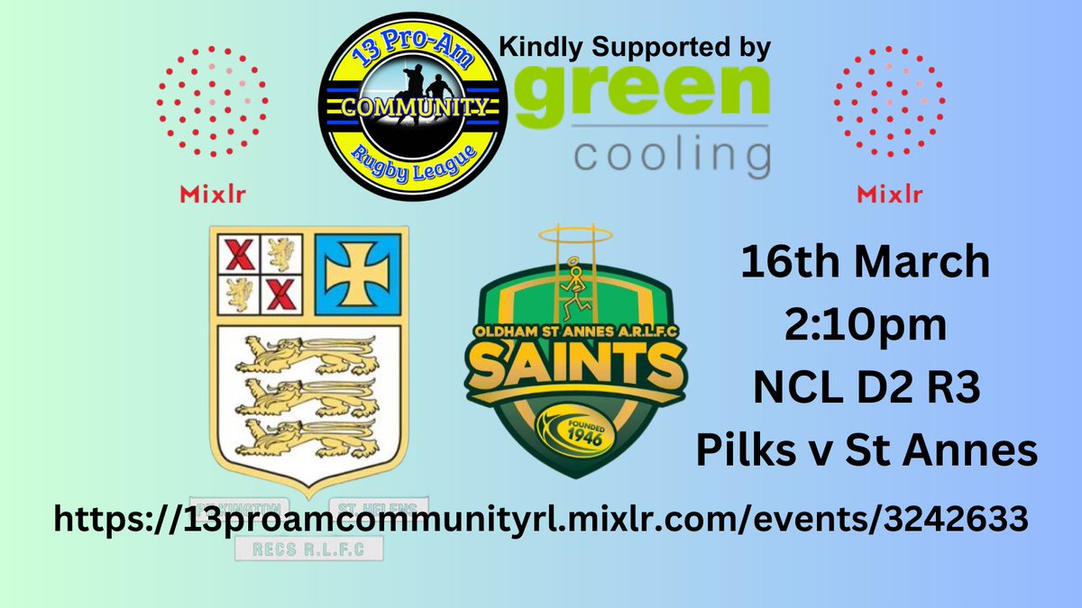 We can confirm our next @officialncl broadcast comes from Ruskin Drive as @PilksRecsARLFC host @OldhamStAnnes 13proamcommunityrl.mixlr.com/events/3242633 #commentary #communityrl with @DaveParkinsonRL and @Ste_BeechRL