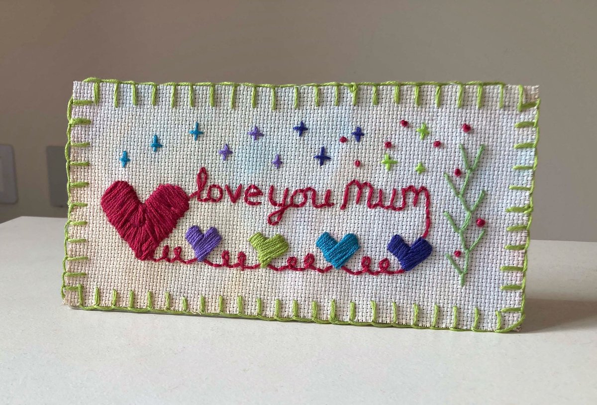 I made my mum a Mother’s Day card by embroidering a small personal design onto painted cross-stitch linen. The four smaller hearts represent me and my brothers. 

.. 

#mothersday #personalartwork #artformum #heartembroidery #slowstitching #paintedfabric #crossstitchlinen