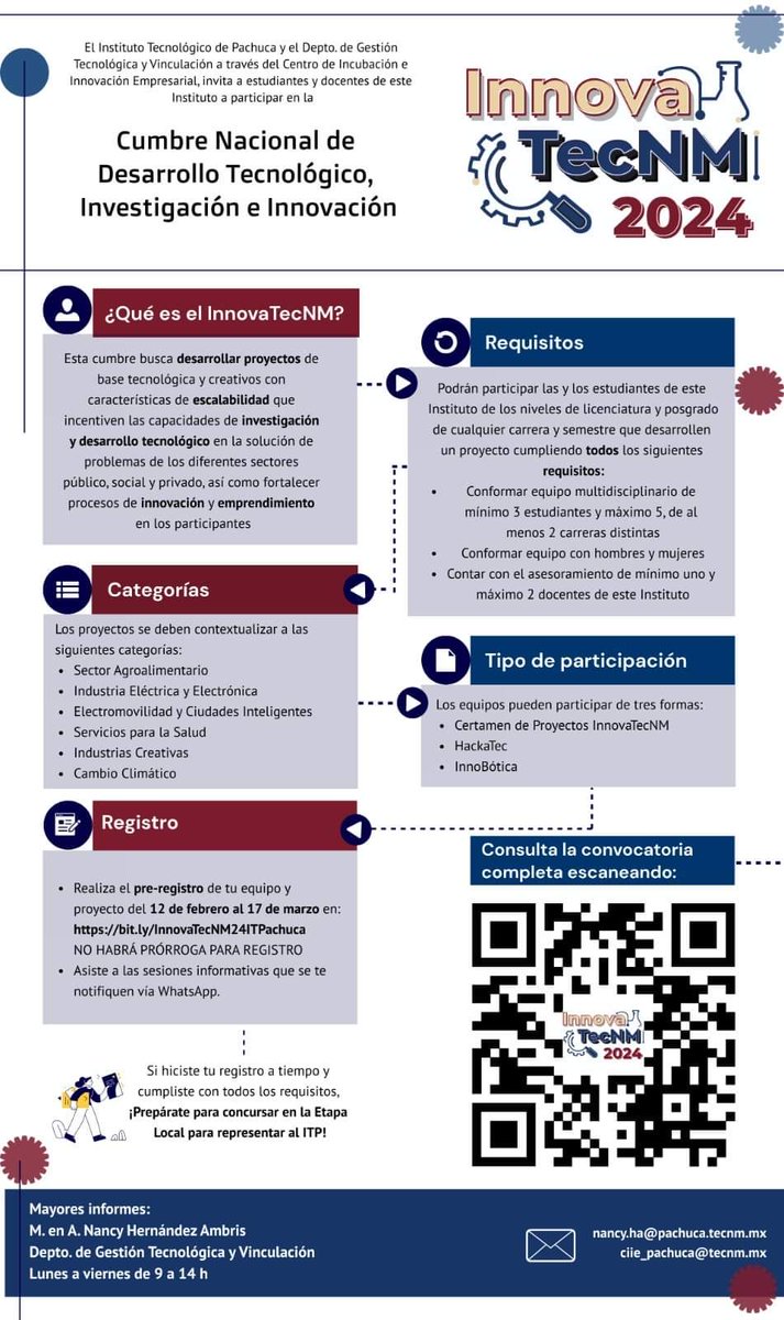 📌 ¡ATENCIÓN COMUNIDAD ESTUDIANTIL TECNOLÓGICA!

👉 Consulta la Convocatoria para participar en la Cumbre Nacional de Desarrollo Tecnológico, Emprendimiento e Innovación, #InnovaTecNM 2024