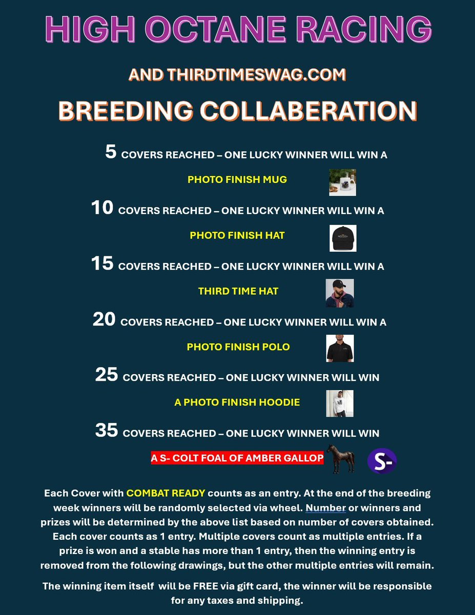 Here it is !   

The long awaited details on the <a href="/HighOctaneRace/">High Octane Racing 🔥🌹</a> and <a href="/ThirdTimeSwag/">Third Time Swag Store</a> Breeding Collaboration !   

Be sure to follow <a href="/ThirdTimeSwag/">Third Time Swag Store</a> !  

Are you READY for COMBAT ? 
We are. LFG ! 🔥 

#NFT #HorseRacing #gaming